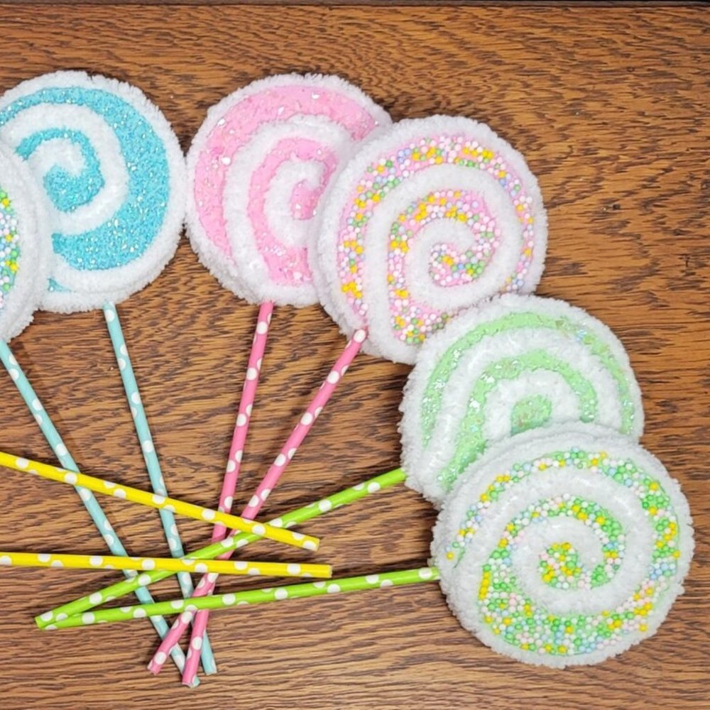 Decorative Yarn Lollipops w/ Glitter/Mini Styrofoam Balls in Pastels - Lt Green